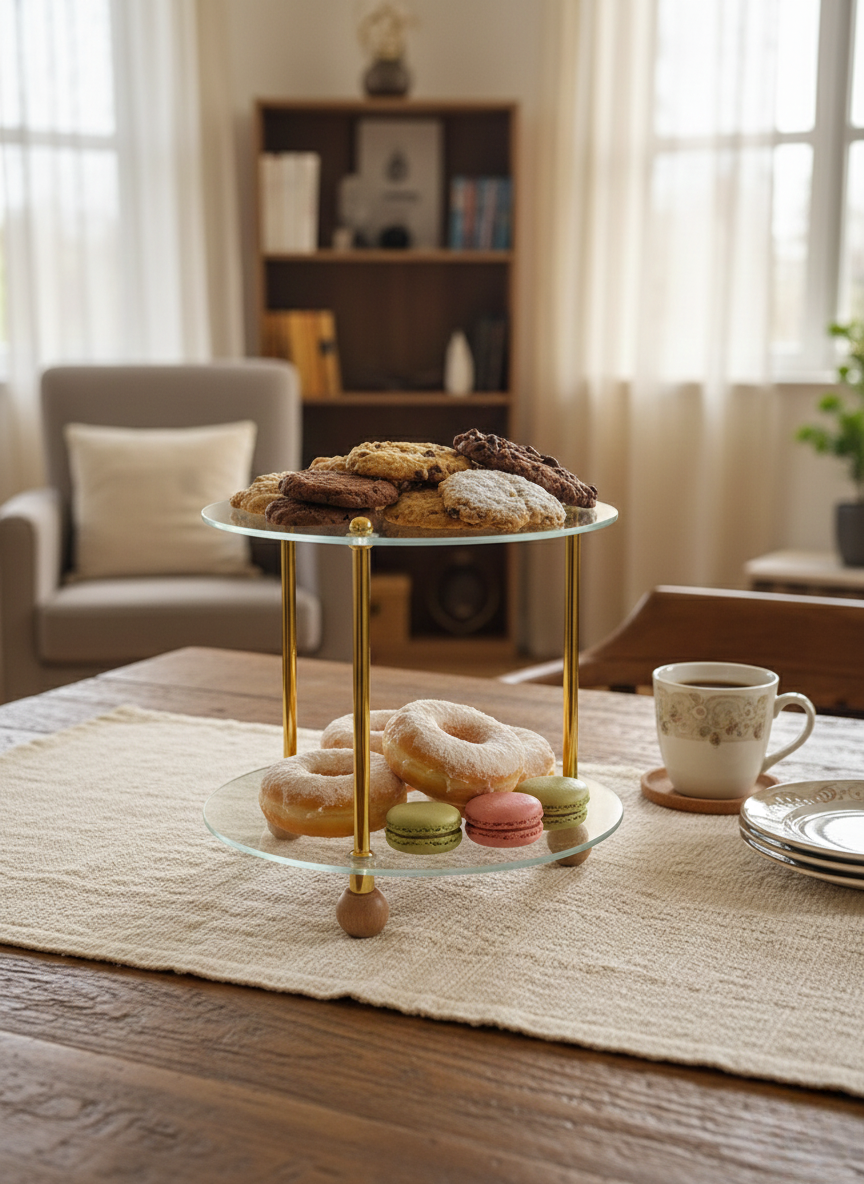 VAZO DEKOR Gold Detaylı 2 Katlı Lüks Cam Kurabiyelik ve Atıştırmalık Sunumluk - Modern Ev Dekorasyonu