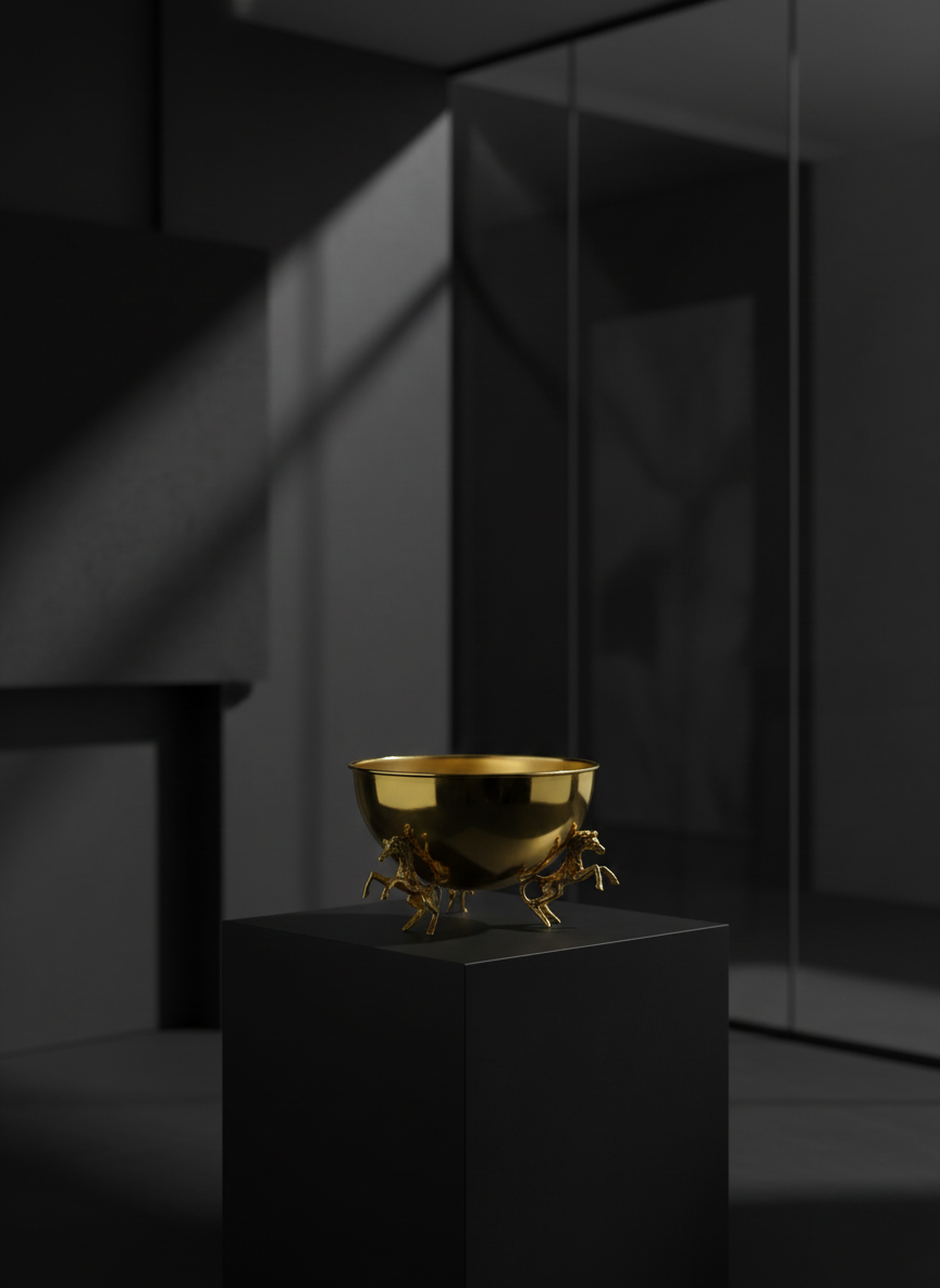 VAZO DEKOR Altın Kaplama Şaha Kalkan At Figürlü Dekoratif Sunum Kasesi ve VAZO