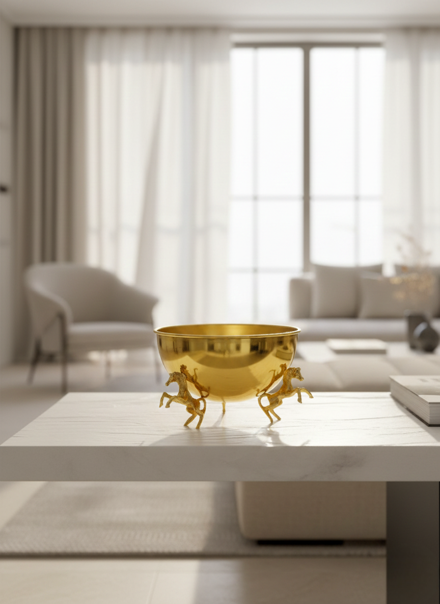 VAZO DEKOR Altın Kaplama Şaha Kalkan At Figürlü Dekoratif Sunum Kasesi ve VAZO