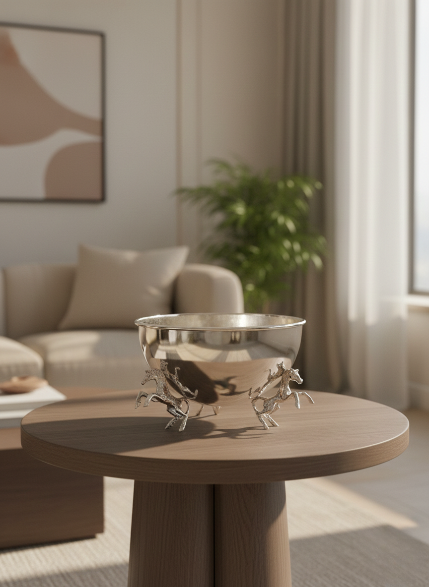 VAZO DEKOR GÜMÜŞ Kaplama Şaha Kalkan At Figürlü Dekoratif Sunum Kasesi ve VAZO