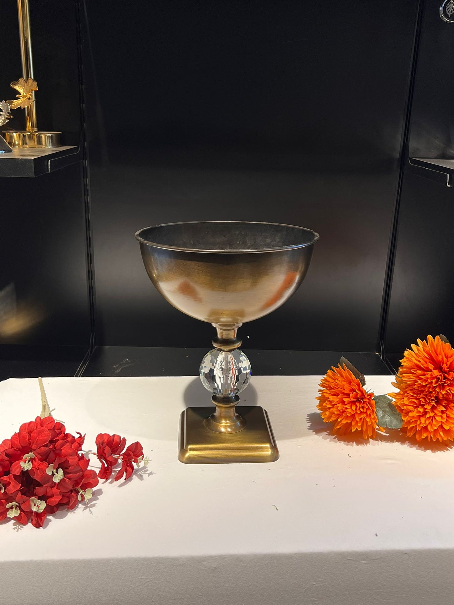 VAZO DEKOR Kristal Gövdeli Eskitme Metal Sunumluk ve Çiçek Vazosu