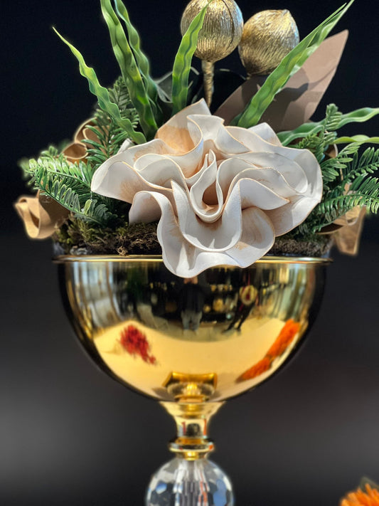 VAZO DEKOR Kristal Gövdeli  Gold Metal Sunumluk ve Çiçeklik