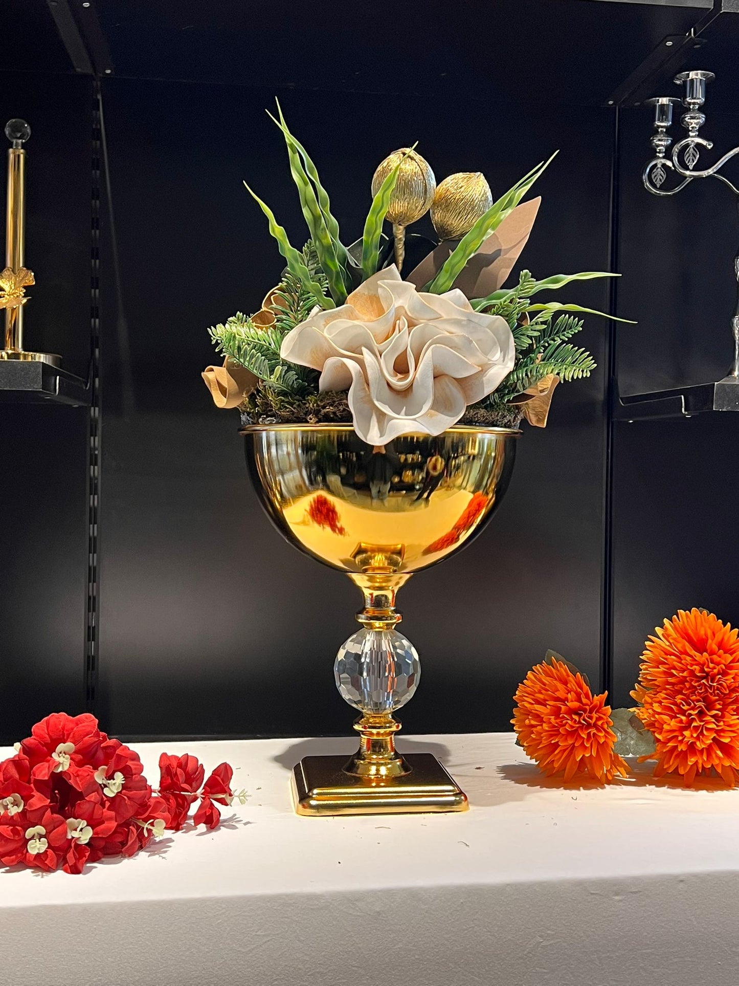 VAZO DEKOR Kristal Gövdeli  Gold Metal Sunumluk ve Çiçeklik