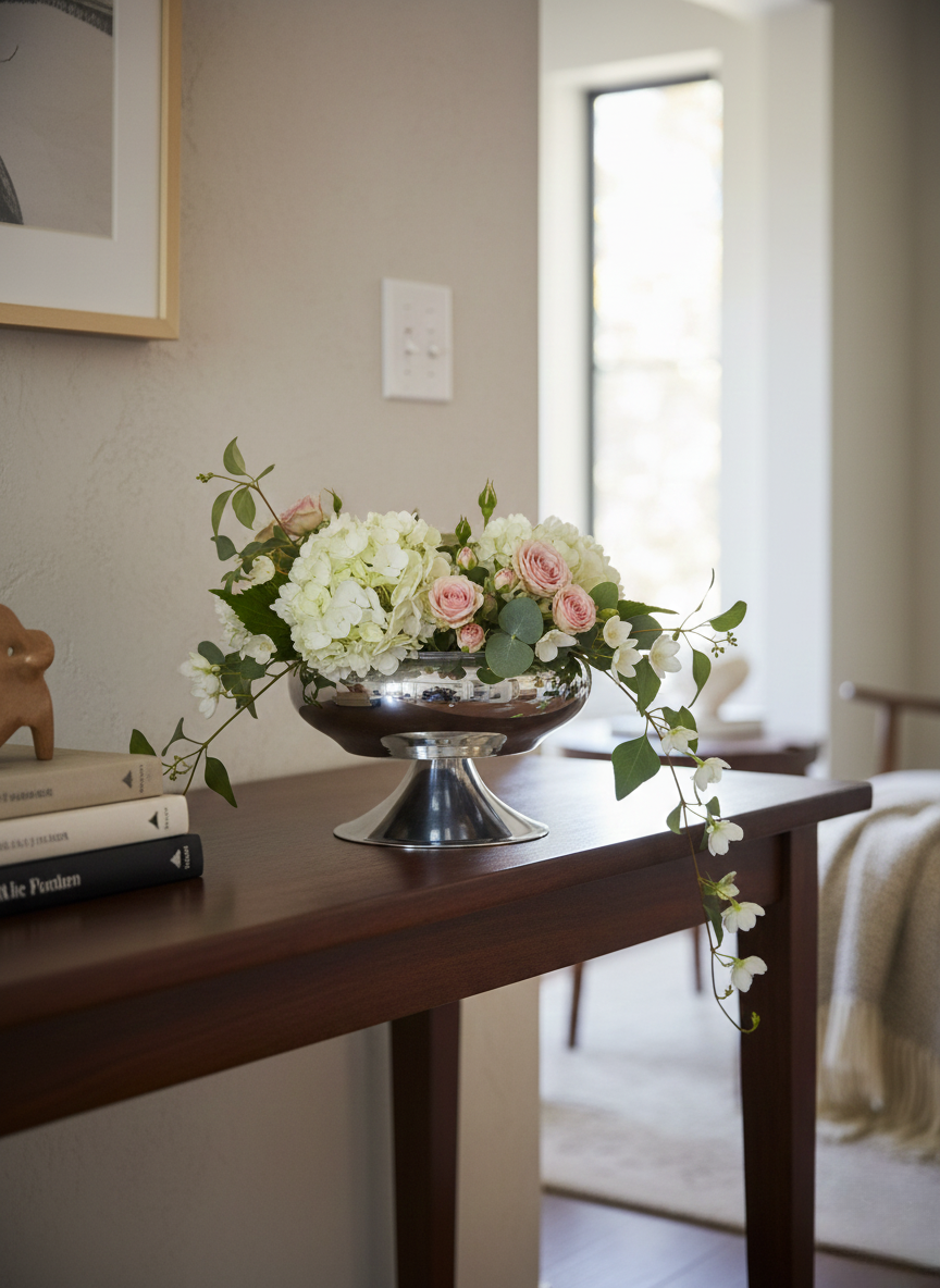 VAZO DEKOR Gümüş Kaplama Metal Ayaklı Dekoratif Aranjman Vazosu