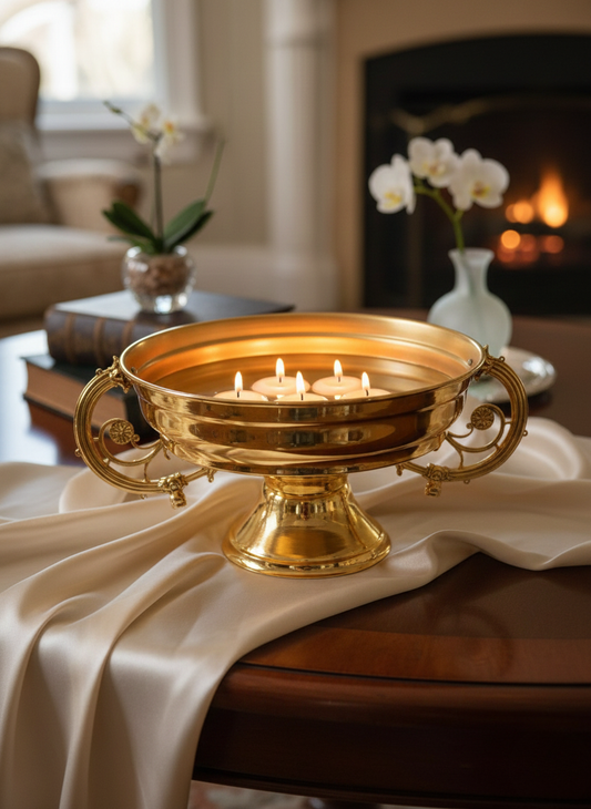 VAZO DEKOR Altın Kaplama Dekoratif Ayaklı Sunum Kasesi - Klasik Kulplu Meyvelik ve Gondol