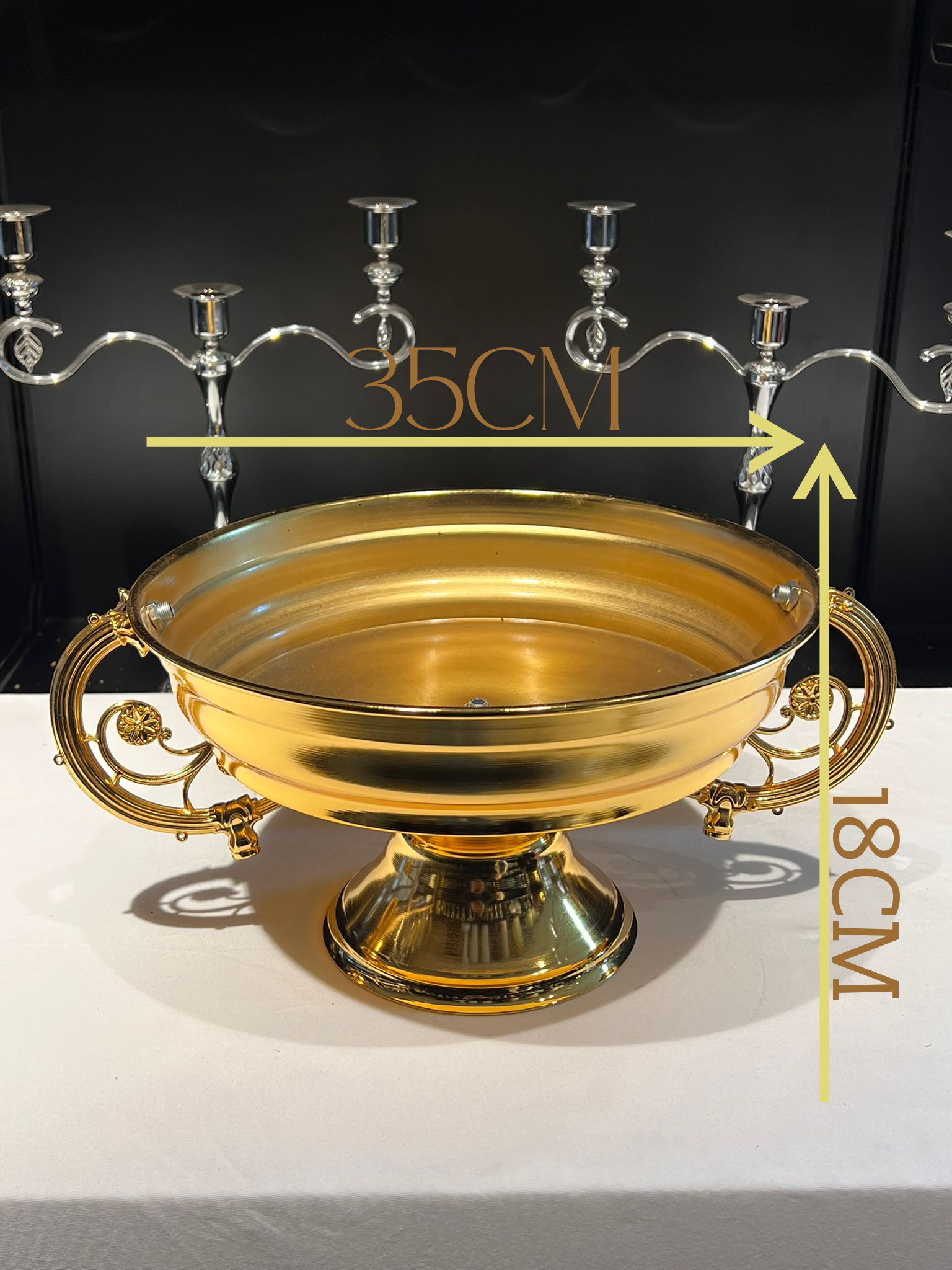 VAZO DEKOR Altın Kaplama Dekoratif Ayaklı Sunum Kasesi - Klasik Kulplu Meyvelik ve Gondol