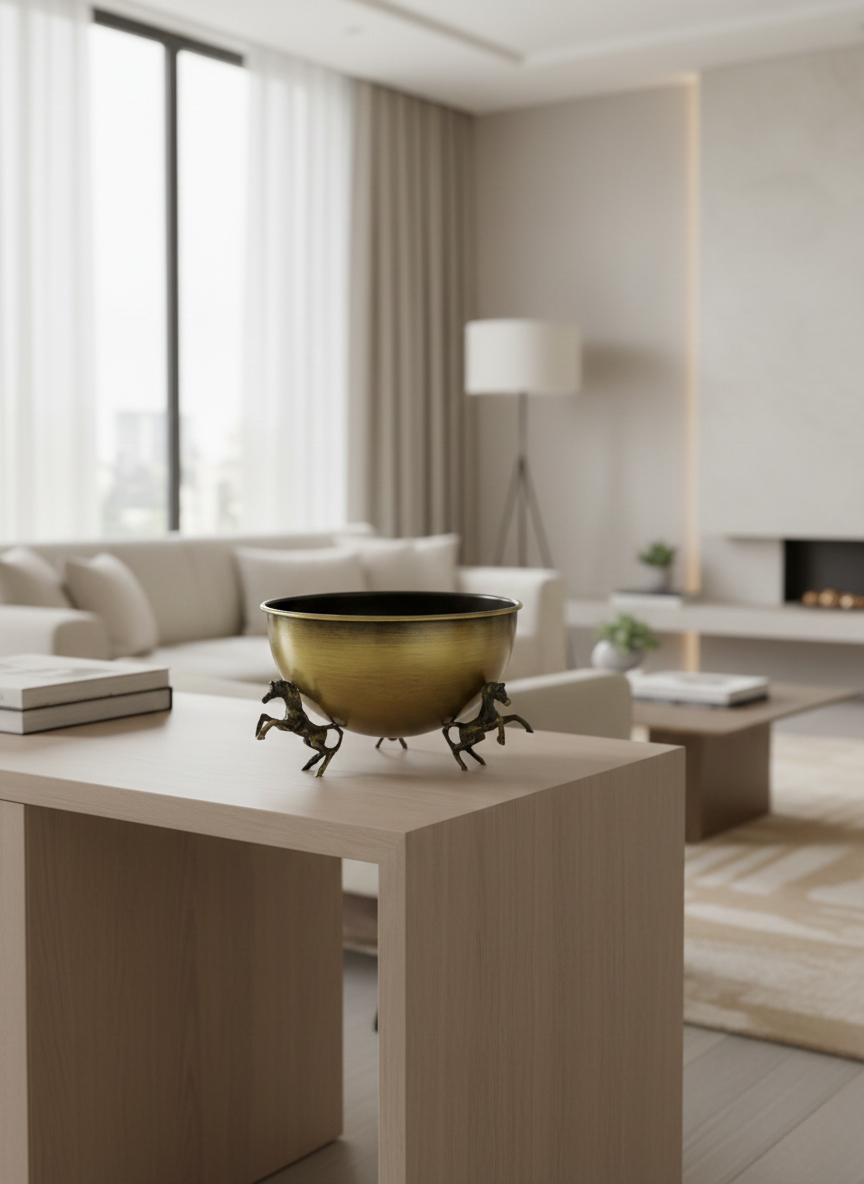 VAZO DEKOR Antik Eskitme Gold At Figürlü Dekoratif Sunum Kasesi - Lüks Pirinç Görünümlü Meyvelik ve Gondol