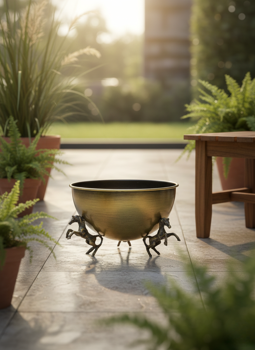 VAZO DEKOR Antik Eskitme Gold At Figürlü Dekoratif Sunum Kasesi - Lüks Pirinç Görünümlü Meyvelik ve Gondol