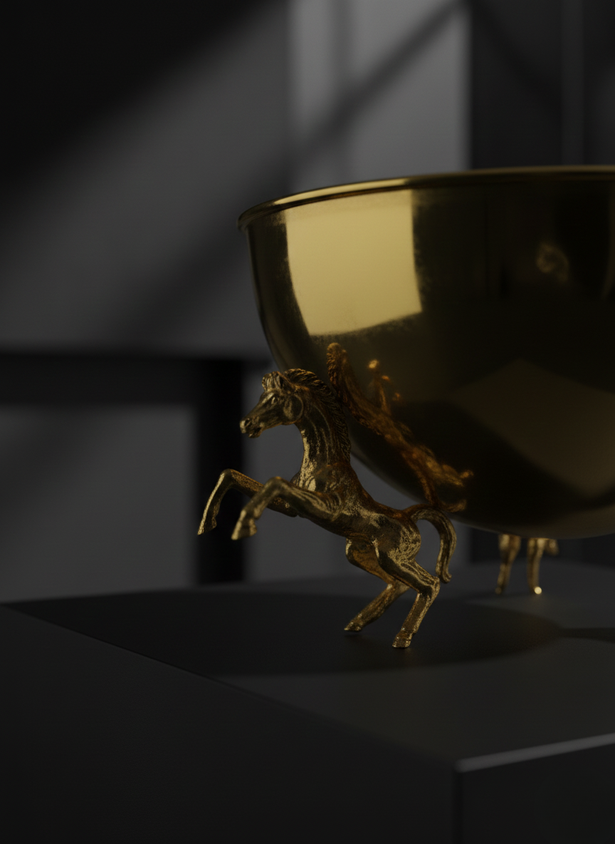 VAZO DEKOR Altın Kaplama Şaha Kalkan At Figürlü Dekoratif Sunum Kasesi ve VAZO