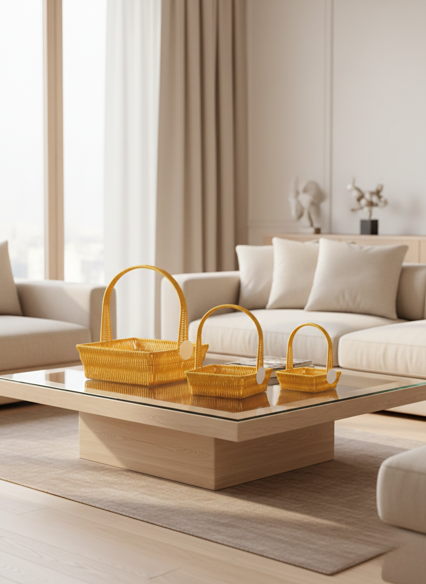 VAZO DEKOR Doğal Hasır Örgü Saplı Sepet Seti 3’lü – Lüks Ev Dekorasyonu & Sunum Sepeti