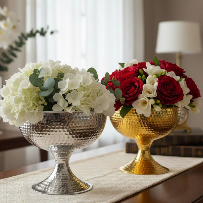 Dövme Metal Dekoratif Vazo ve Sunumluk Seti - Altın & Gümüş Renk Lüks